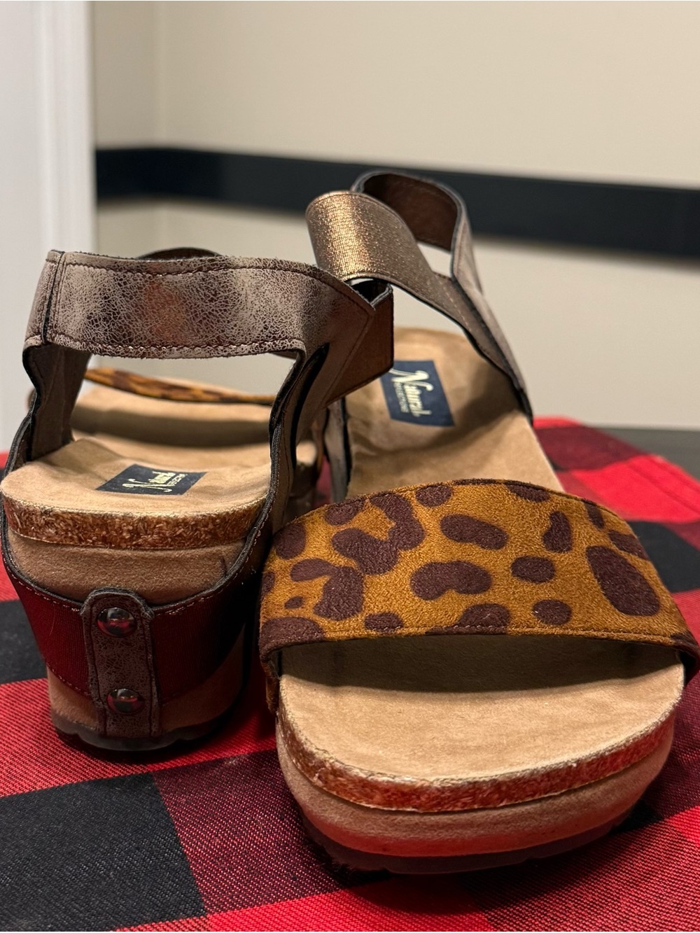 Leopard-Print Wedge Sandals in Brown and Metallic Bronze